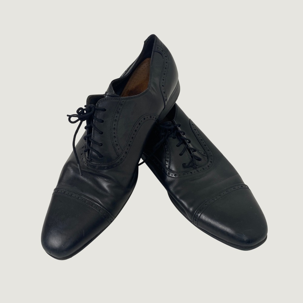 Salvatore Ferragamo Mens Black Leather Semi Brogue Cap Toe Oxford Shoes 12 2E
